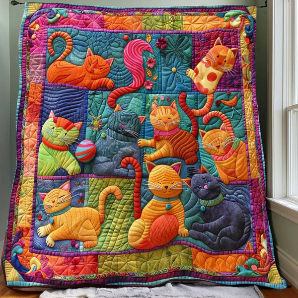 Cute Cats And Colorful Yarns Blanket- D201 - Premium Blanket