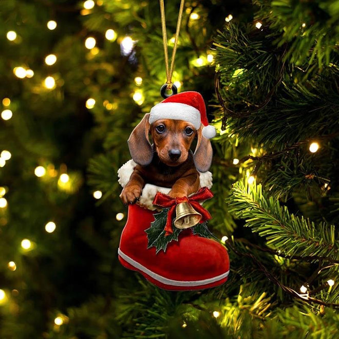 Dog In Santa Boot Christmas Ornament